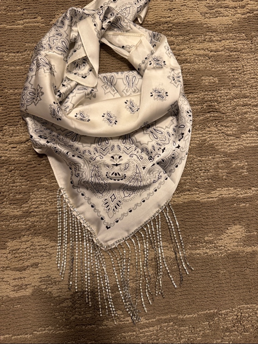 Beaded Fringe Cream Bandana Scarf with Paisley Detail